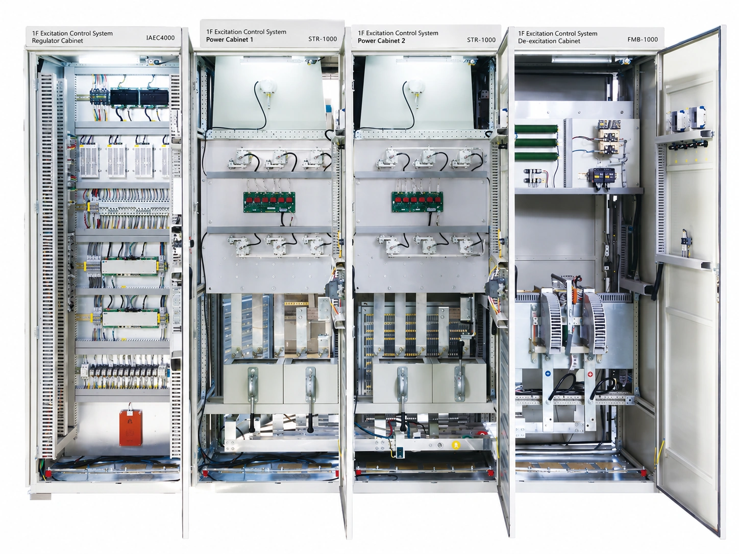 Open excitation control cabinet showing regulator cabinet, power cabinets, de-excitation cabinet, wiring, and internal electrical components.