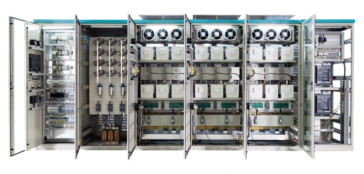 Key configuration image of an industrial power cabinet with internal modules and electrical components