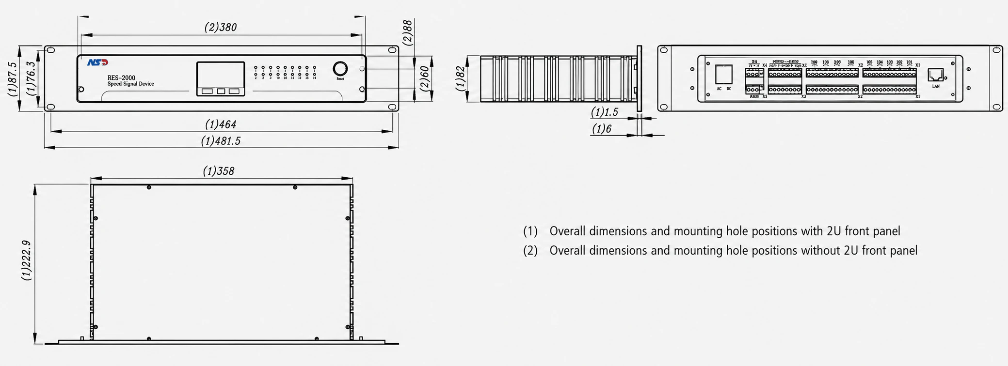 Technical drawing of RES-2000 speed signal device showing dimensions, front view, side view, rear interface layout, and mounting details