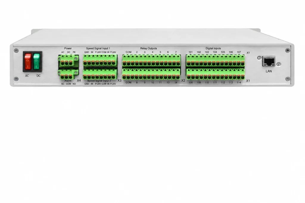 Rear view of RES-2000 speed signal device showing terminal blocks, power connections, signal inputs, relay outputs, digital inputs, and LAN port