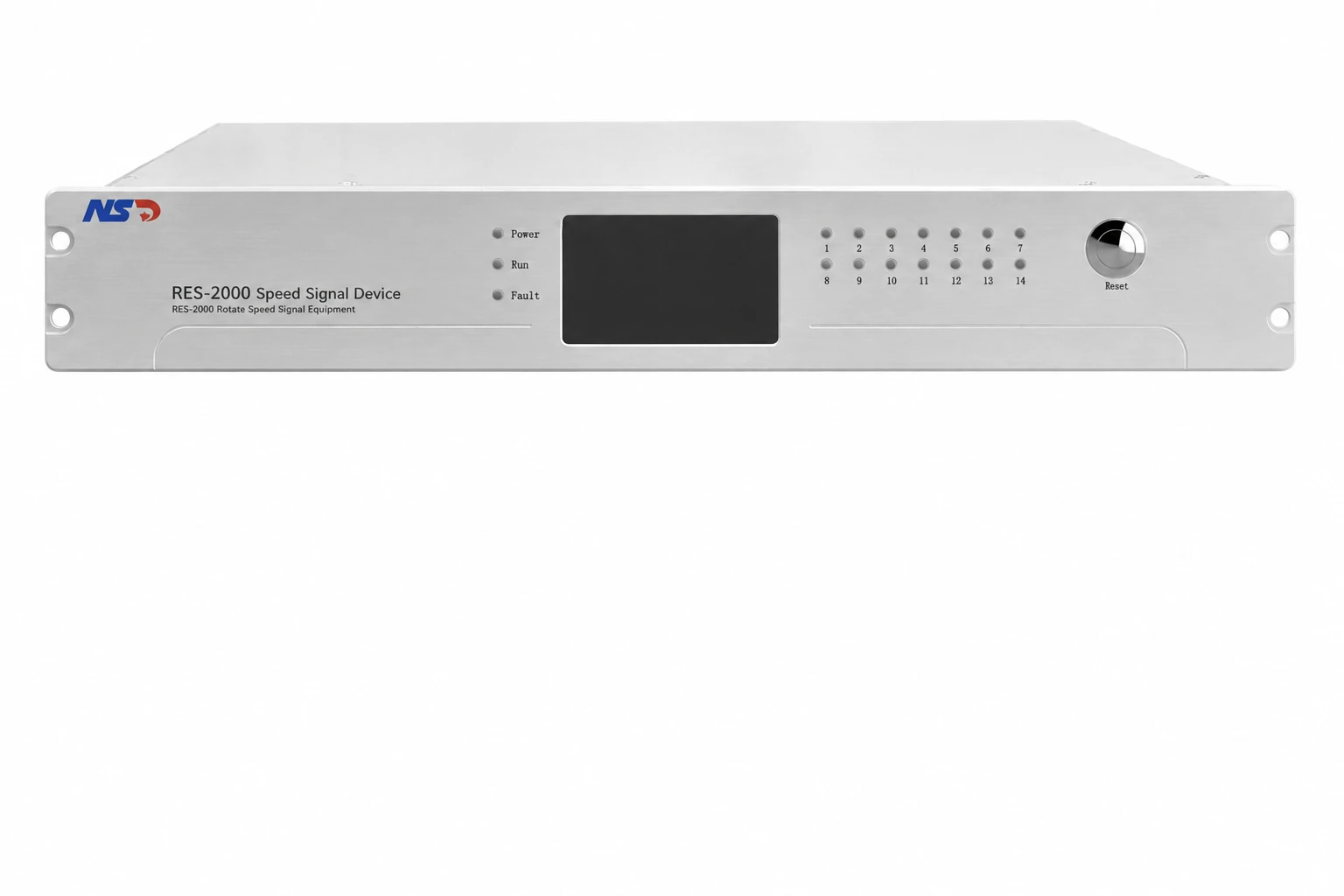 Front view of RES-2000 speed signal device with display screen, indicator lights, numbered status indicators, and reset knob