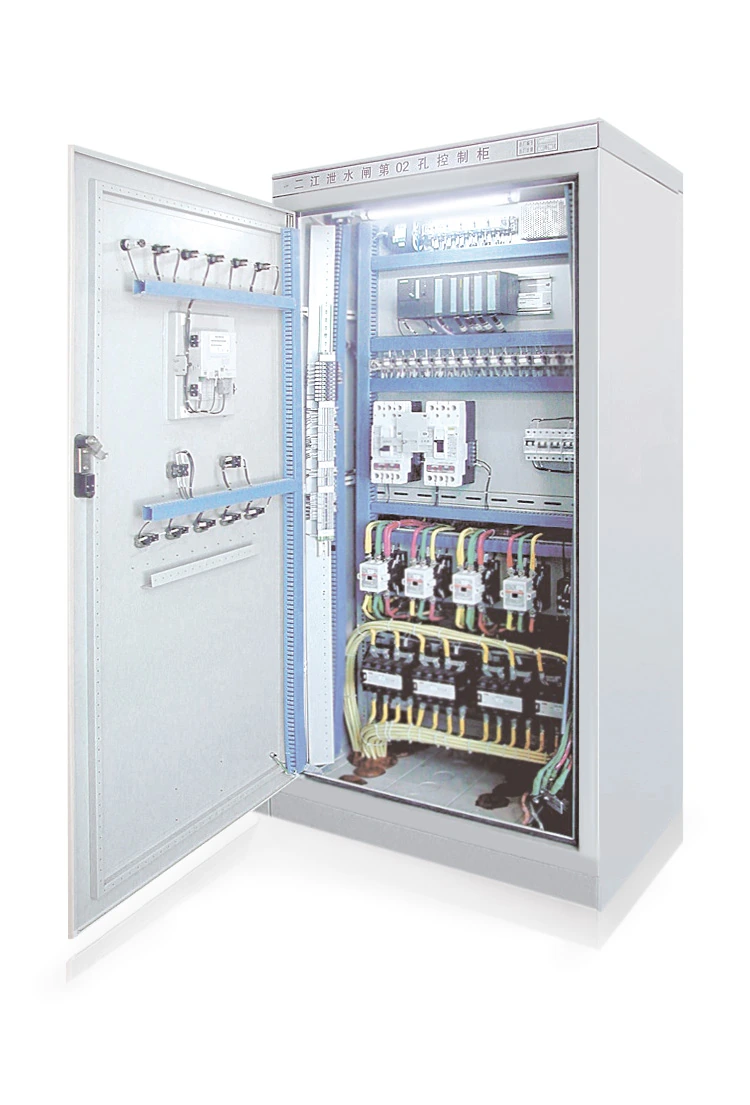 Open hydropower control cabinet showing internal electrical components, wiring layout, breakers, and PLC modules.