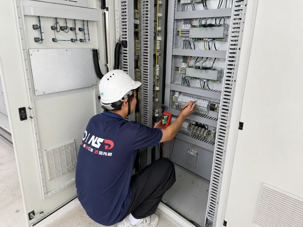 NSD engineer inspecting an electrical control cabinet for hydropower control system service