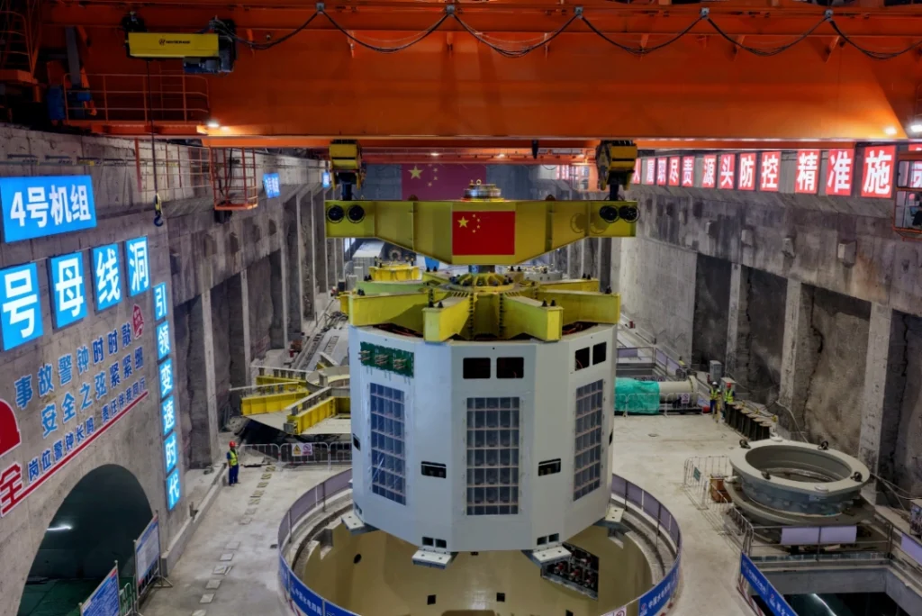 Aerial view of the Langjiang Pumped Storage Power Station reservoir and surrounding mountain landscape in Guangdong, China.