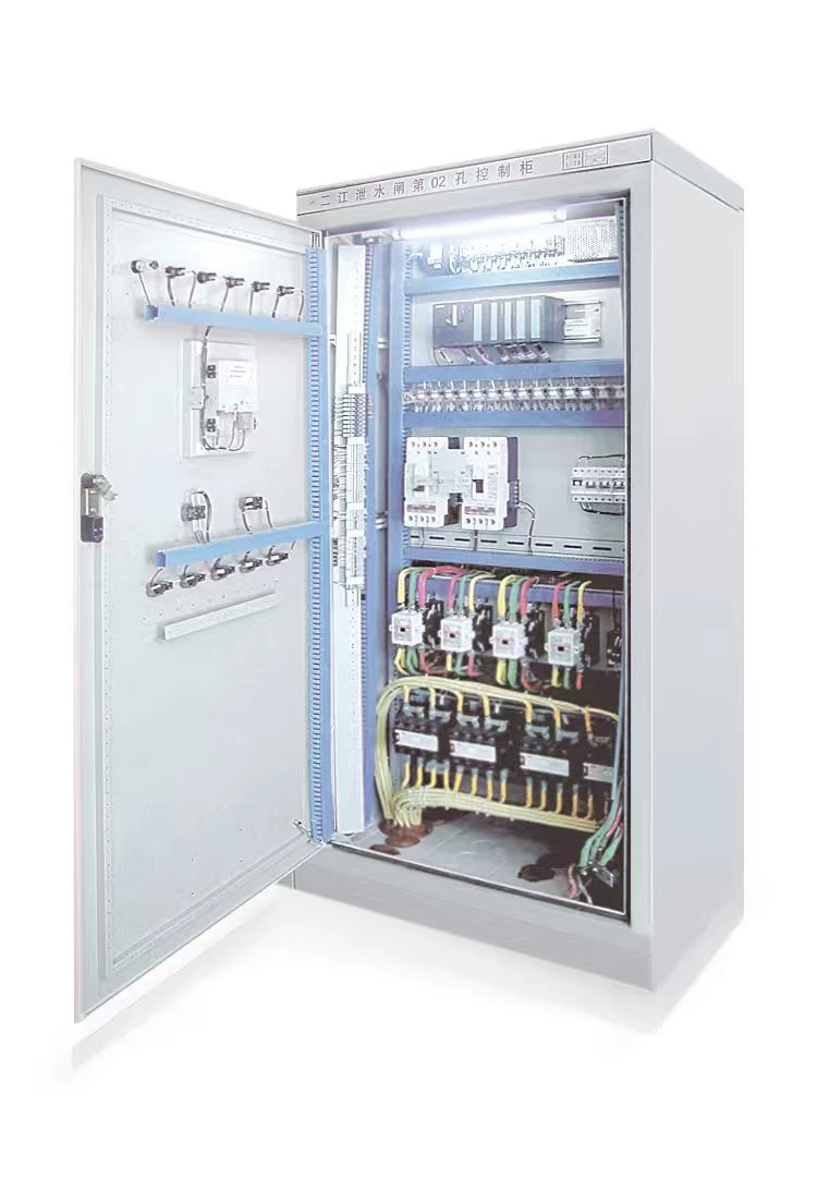 Open hydropower control cabinet showing internal electrical components, wiring layout, breakers, and PLC modules.