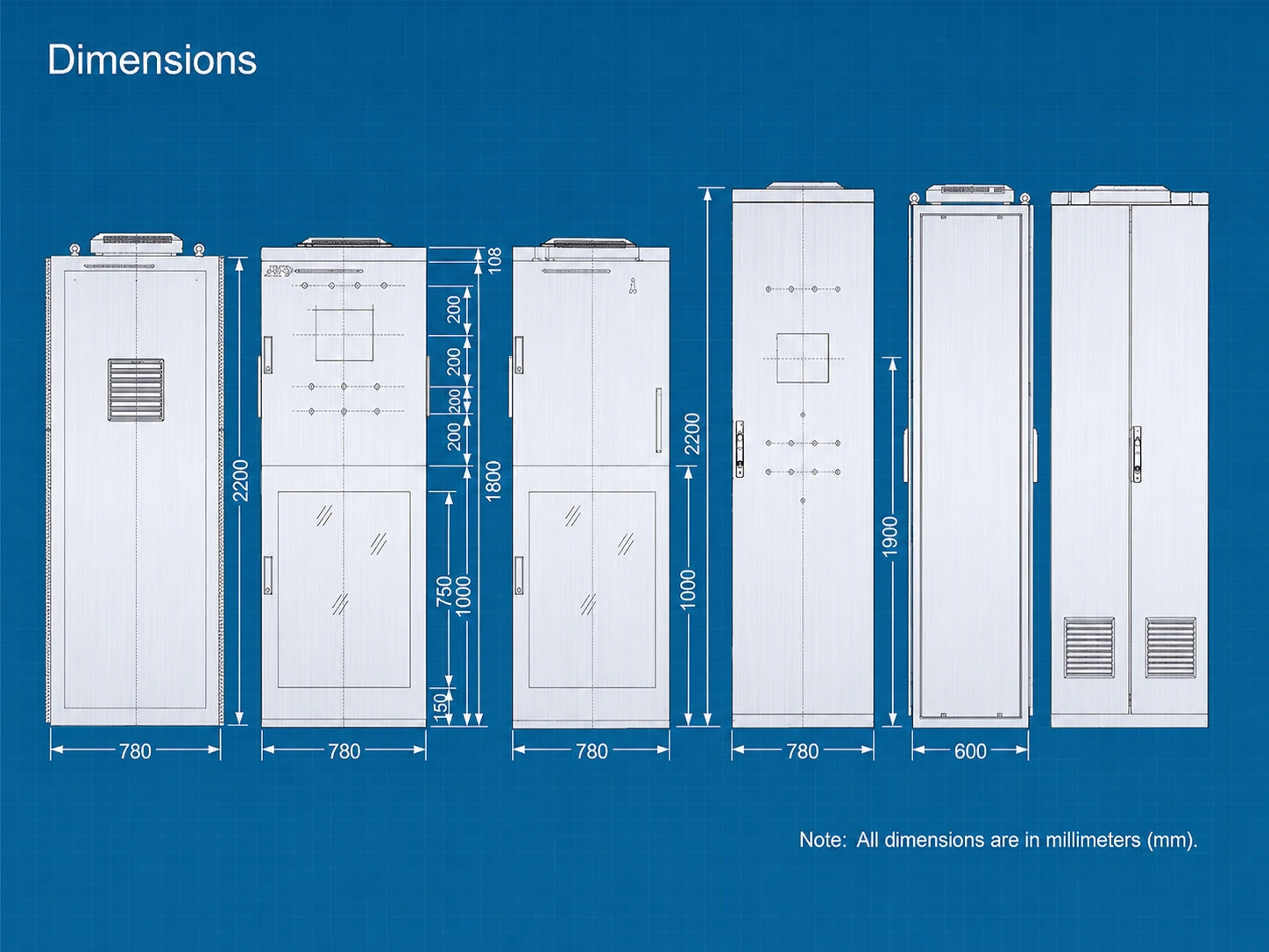 English dimensions drawing of the MGC4000 cabinet showing front, side and rear views with measurements.