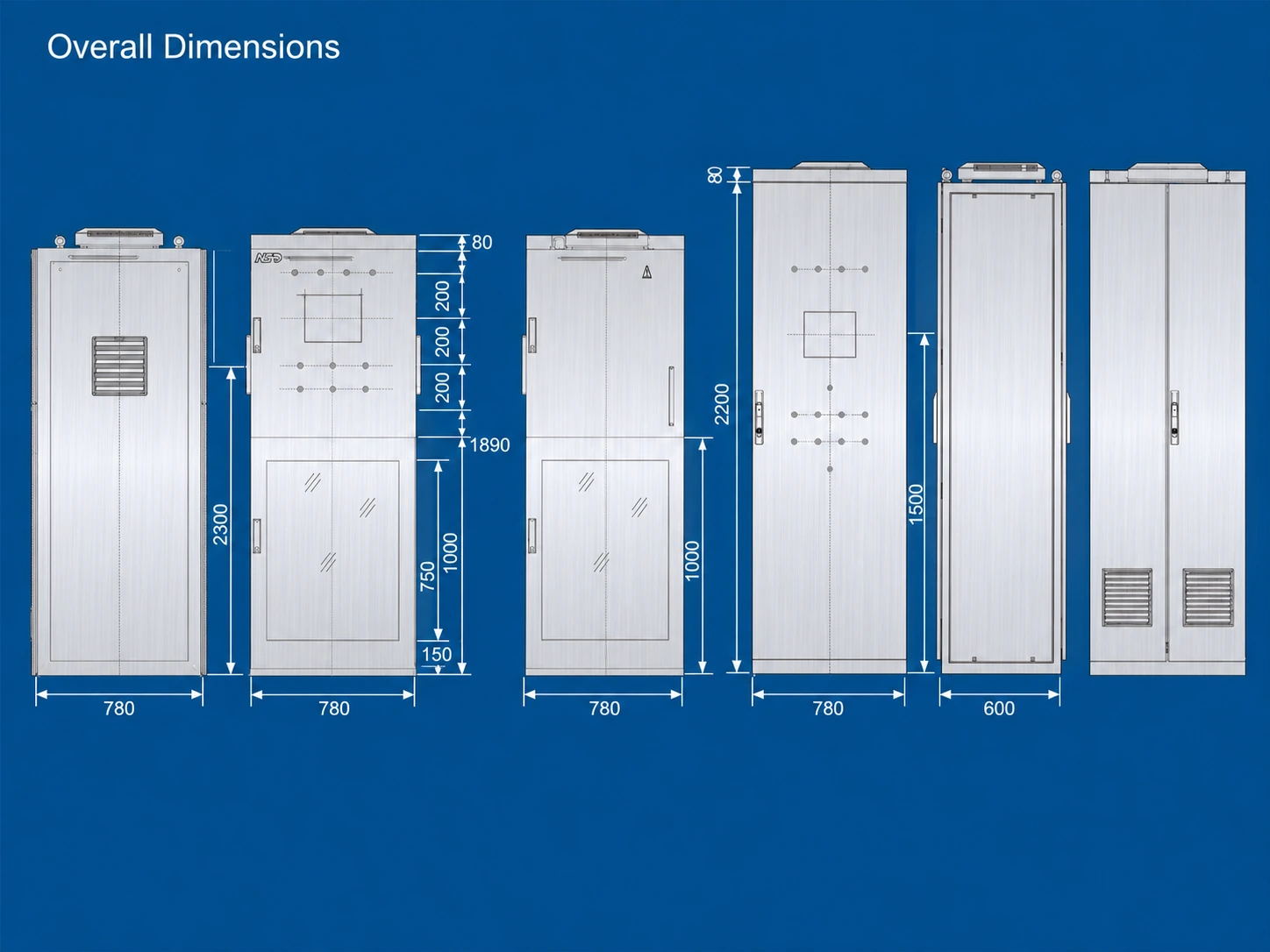 Overall dimensions drawing of MGC6000 governor control cabinet with front side and rear views