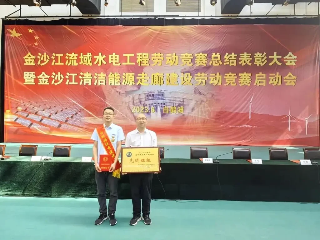 NSD Electric General Manager Liu Bin with Xu Wei, recipient of the Outstanding Baihetan Builder title.