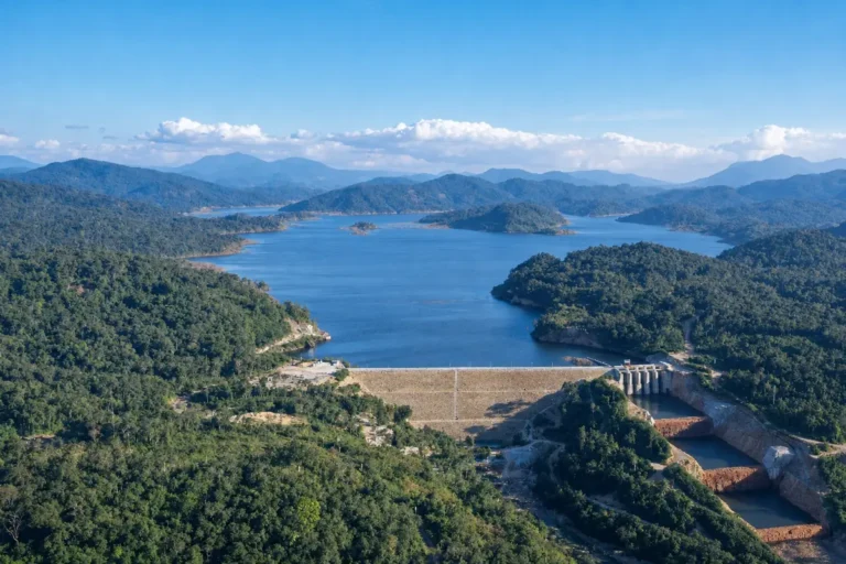 Nam Kong 1 small hydropower station with reservoir, dam and surrounding mountains