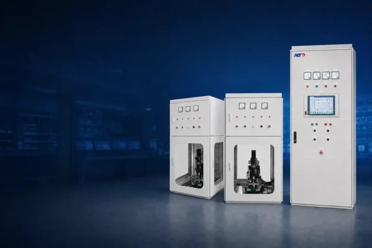NSD Electric turbine governor system cabinets displayed in a hydropower control room setting